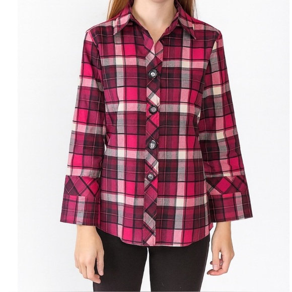 Pendleton Petite Flannel Wrinkle Free pink plaid wide sleeve button up pink/blk - Picture 1 of 9